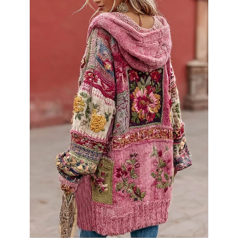 Women's Cardigan Daily Casual Floral Graphic Ribbed Hooded Patchwork Pocket Buttons Long Sleeve Long Tops Knit Outdoor Weekend Pink Fall Winter