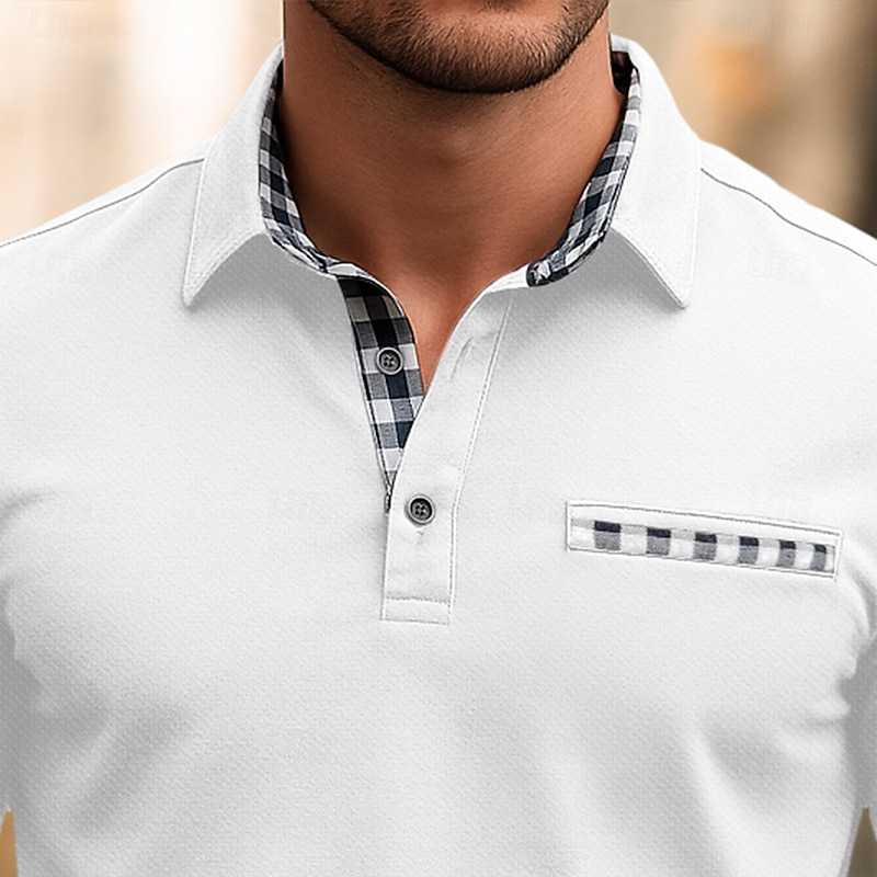 Men's Golf Shirt Pique Polo Shirt Vacation Work Turndown Long Sleeve Fashion Basic Solid Color Plaid Check Pattern Buttons Summer Spring Fall Regular Fit Black White Yellow Navy Blue Golf Shirt