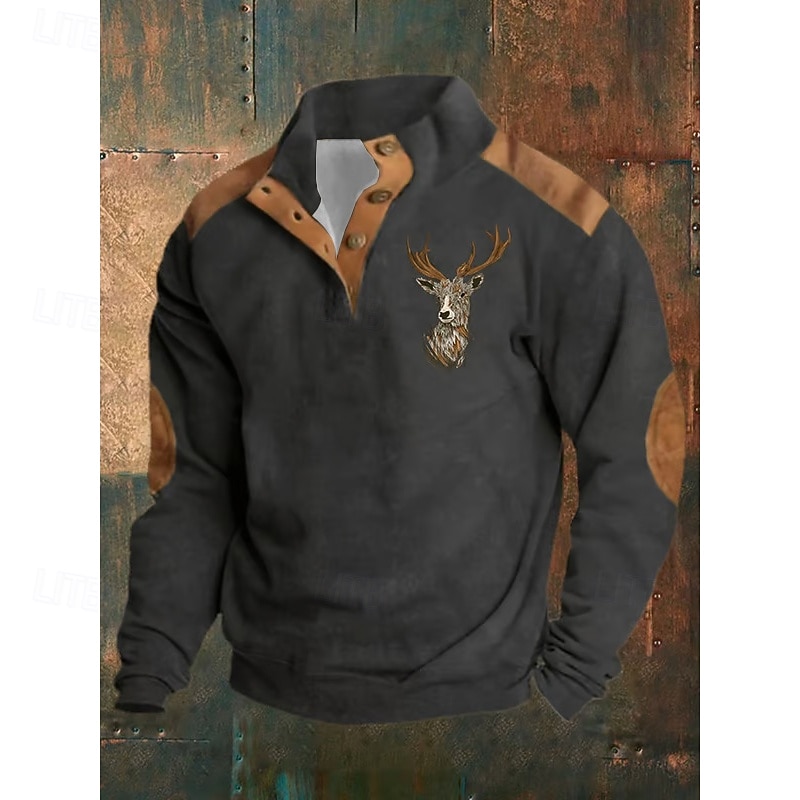 Men's Sweatshirt Fleece Sweatshirt Pullover Button Up Hoodie Hunting Sweatshirt Black Navy Blue Brown Khaki Standing Collar Plain Patchwork Sports & Outdoor Casual Daily Streetwear Cool Sportswear3