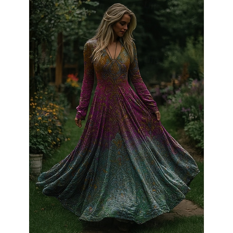 Christmas Women's Maxi Dress Pleated Dress Party Casual Boho Daily Date Going out Regular Fit Ombre Christmas Tree Long Sleeve V Neck Red Blue Purple Green Spring Fall Winter4