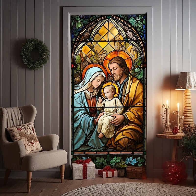 Christmas Door Cover, Stained Glass Virgin Mary and Baby Jesus Holiday Door Curtain, Religious 2025 Xmas Door Hanging for Church Home Party Decor3