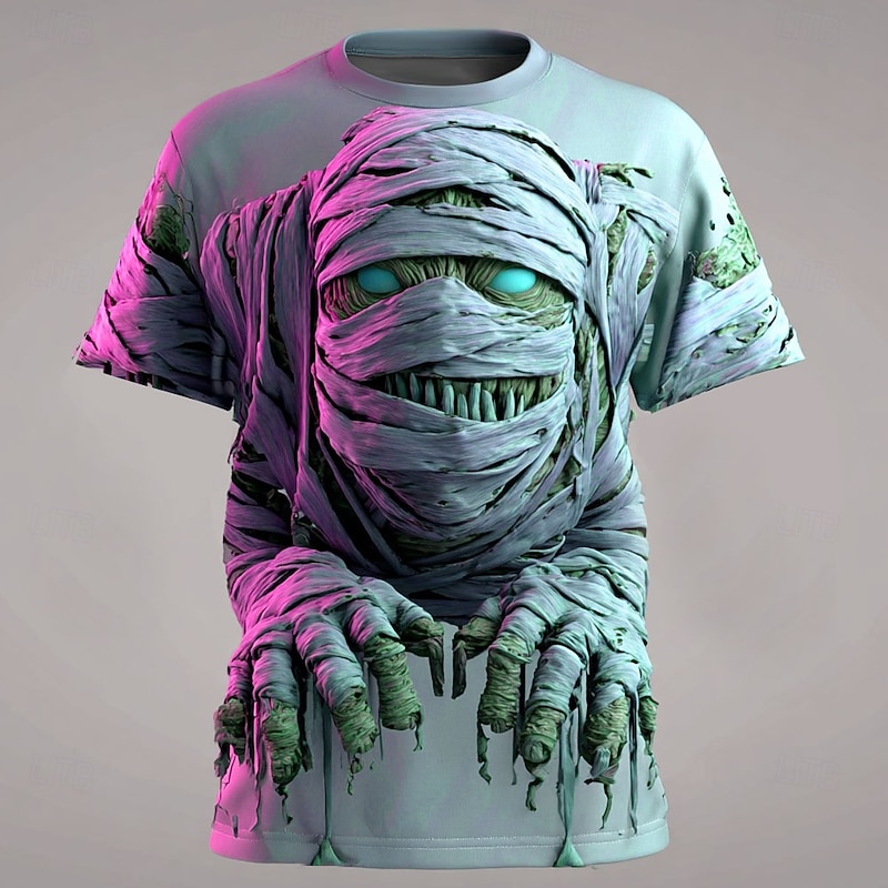 Halloween Men's Optical Illusion Zombies Mummy T Shirt Short Sleeve T shirt 3D Print Crew Neck Shirt Exaggerated Designer Horror Party Street Holiday Pink Blue Green Summer Spring All Seasons3