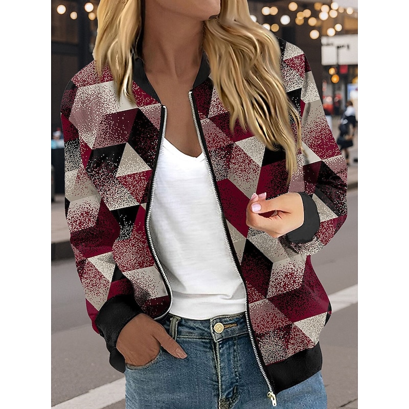 Women's Casual Jacket Warm Quick Dry Zipper Pocket Color Block Fashion Daily Casual Geometric Vacation Casual Daily Short Baseball Collar Regular Fit Long Sleeve Outerwear Red Blue Green Spring Fall