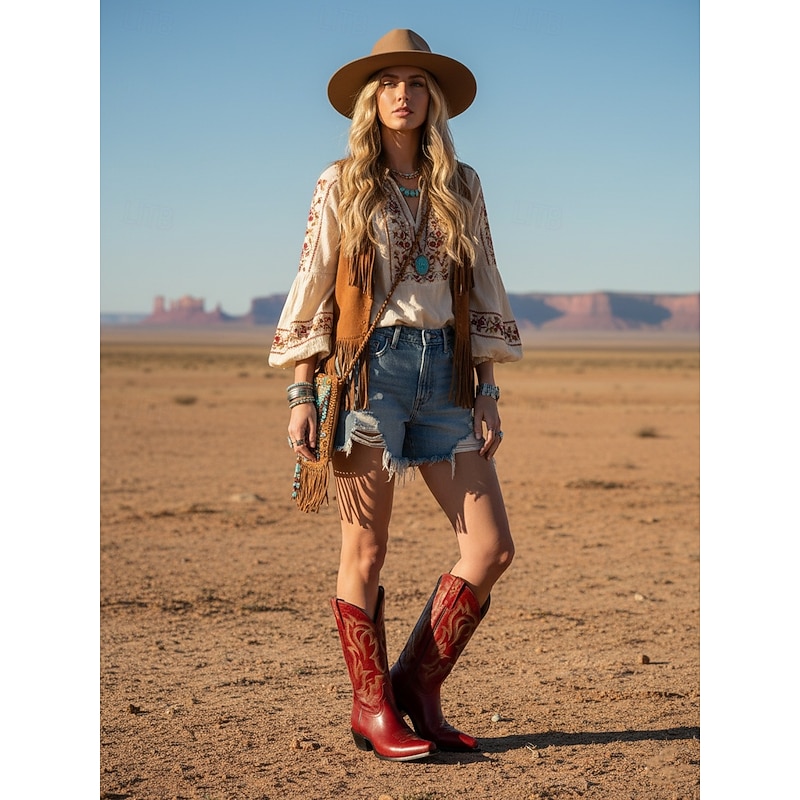 Women's Red Leather Cowboy Boots with Embroidered Western Pattern - Stylish Urban Fashion Footwear for Trendy Outfits4