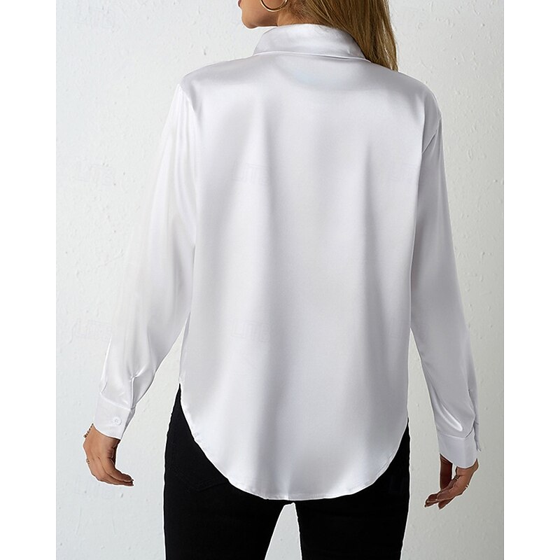 Women's Shirt Elegant Dressy Satin Solid Color Stylish Basic Casual Long Sleeve Shirt Collar Regular Tops Daily Going out Buttons White Yellow Purple Brown Spring Fall3
