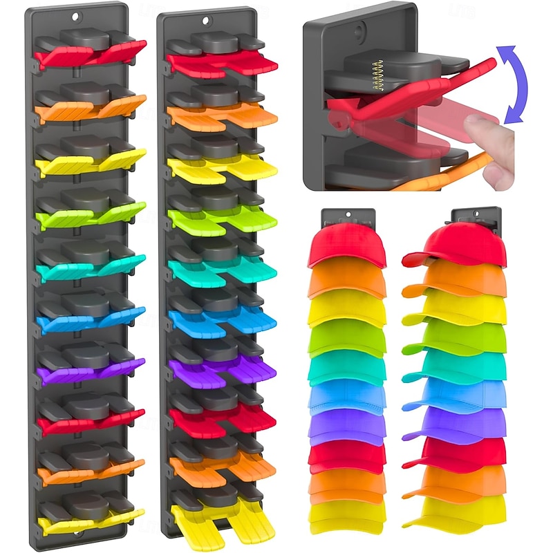 2 Packs Hat Organizer for Baseball Caps with Built-in Spring Clips - Wall Mount Closet Hat Rack Holder, Adjustable Storage for Door/Closet Display Hat Racks Hanger (Strong Adhesive & Screws)