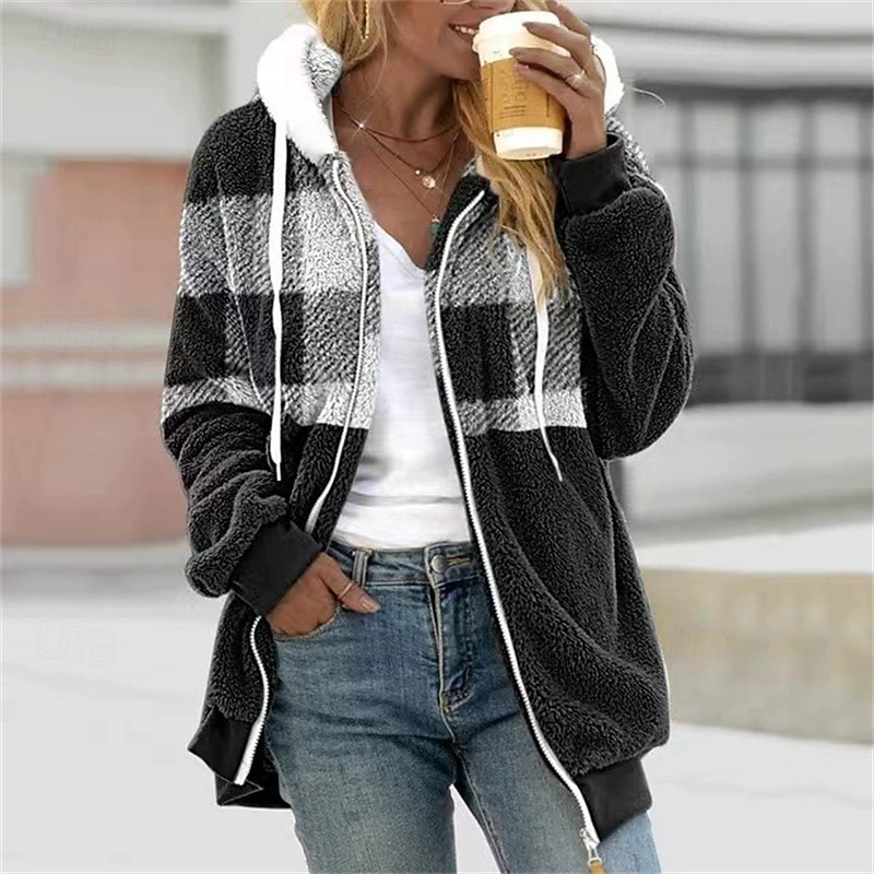 Women's Casual Jacket Comfortable Breathable Zipper Pocket Casual Plaid Vacation Street Casual Daily Wear Zipper Short Hooded Regular Fit Long Sleeve Outerwear Black Red Blue Spring Fall2