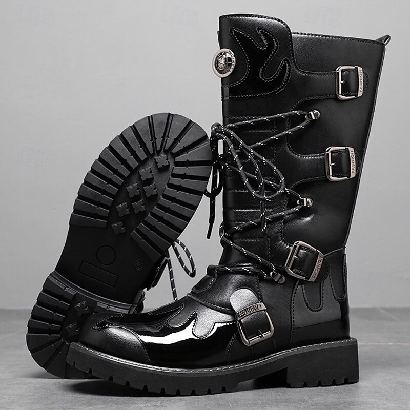 Men's Black Gothic Combat Boots – Tall Lace-Up Motorcycle Boots with Buckle Straps and Rugged Sole for Halloween, Cosplay and Rock Concerts