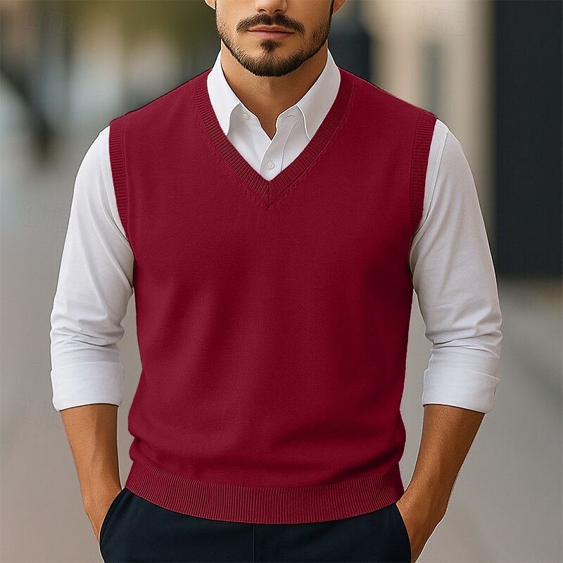 Men's Sweater Sweater Vest Pullover Sweater Jumper Ribbed Knit Regular Tops Knitted Slim Fit Plain V Neck Knitwear Contemporary Casual Daily Wear Clothing Apparel Winter Spring &  Fall Camel Black S4