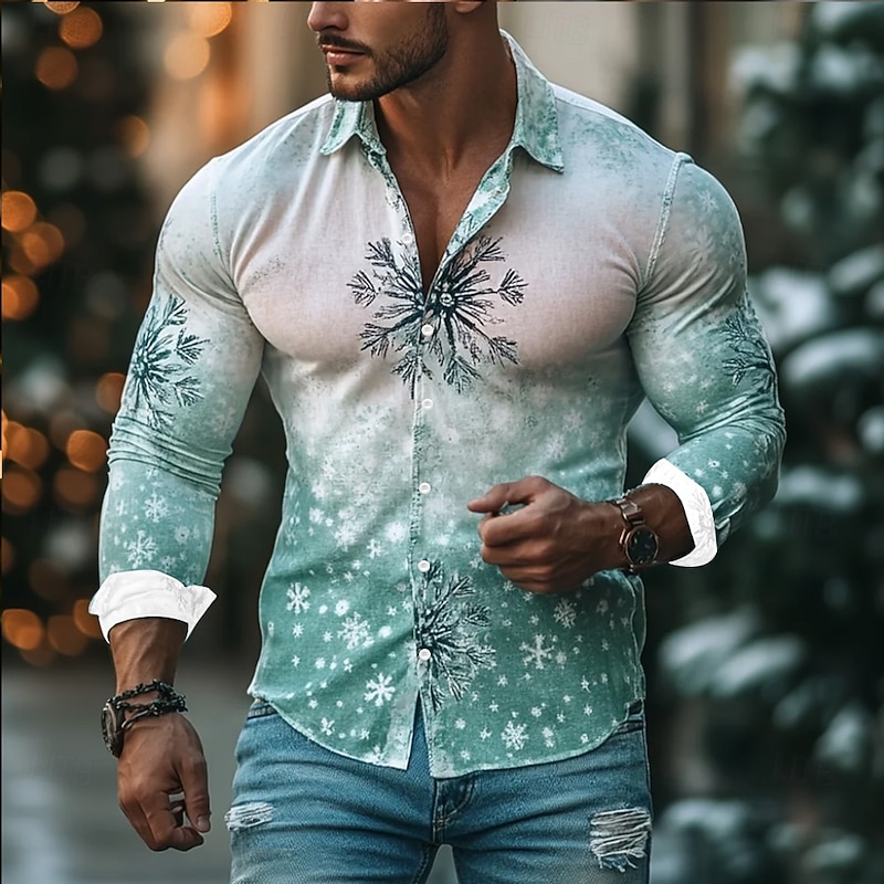 Men's Snowflake Gradient Color Shirt Button Up Shirt Long Sleeve Vintage Retro Outdoor Casual Holiday Spring Fall Turndown 3D Print Collared Shirts Red Blue4