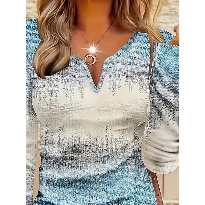 Women's T Shirt Graphic Gradient Vintage Stylish Classic Long Sleeve Notched Neck Regular Tops Daily Weekend Print Light Blue Spring Fall Winter2