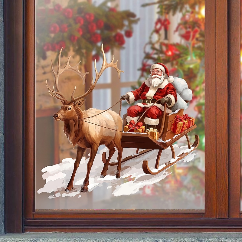 Christmas Sticker Wall Decals Holiday Atmosphere Santa Claus Reindeer Removable Vinyl Mural Living Room Dining Room Christmas Festival Background Wall Decoration Home Party Decor4