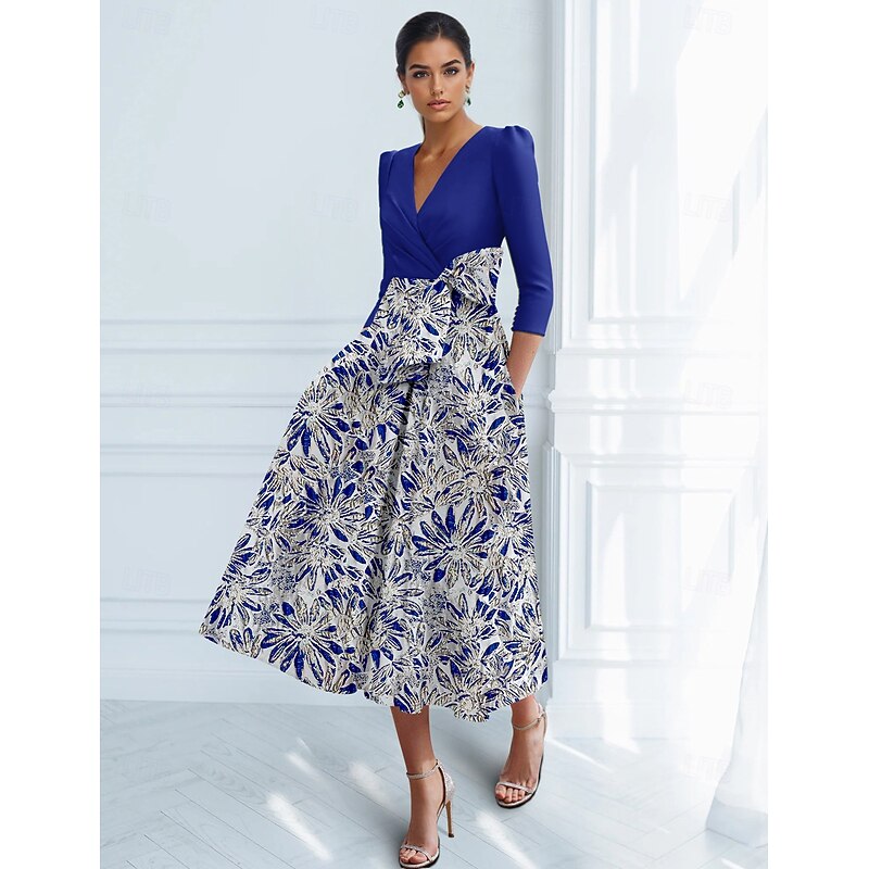 Floral Jacquard A-Line Cocktail Dresses Elegant Dress Formal Wedding Tea Length Midi Length  3/4 Length Sleeve V Neck Stretch Crepe with Bow(s) Pleats Pocket4