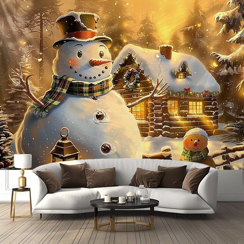 Christmas Wall Tapestry Backdrop, Golden Glowing Snowman Family with Lights and Tree, 2025 Xmas Winter Wonderland Holiday Wall Hanging for Bedroom Living Room4
