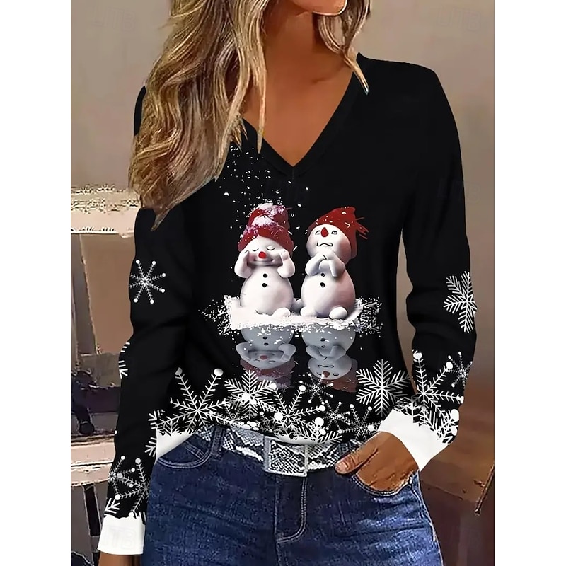 Christmas Women's T Shirt Graphic Snowman Vintage Stylish Classic Long Sleeve V Neck Regular Tops Daily Print Gray / Red Black+White+Red Black Wine Red Spring Fall Winter