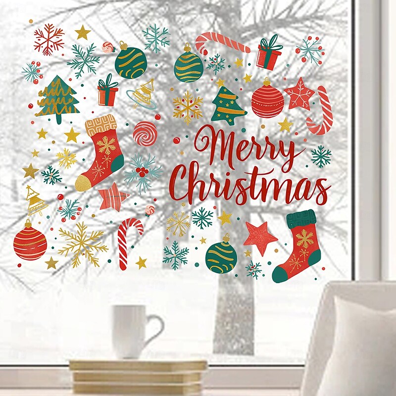 Christmas Sticker Wall Decals Cartoon Christmas Elements Gift Snowflake Removable Vinyl Mural Holiday Party Bedroom Living Room Glass Window Door Background Decoration For Home