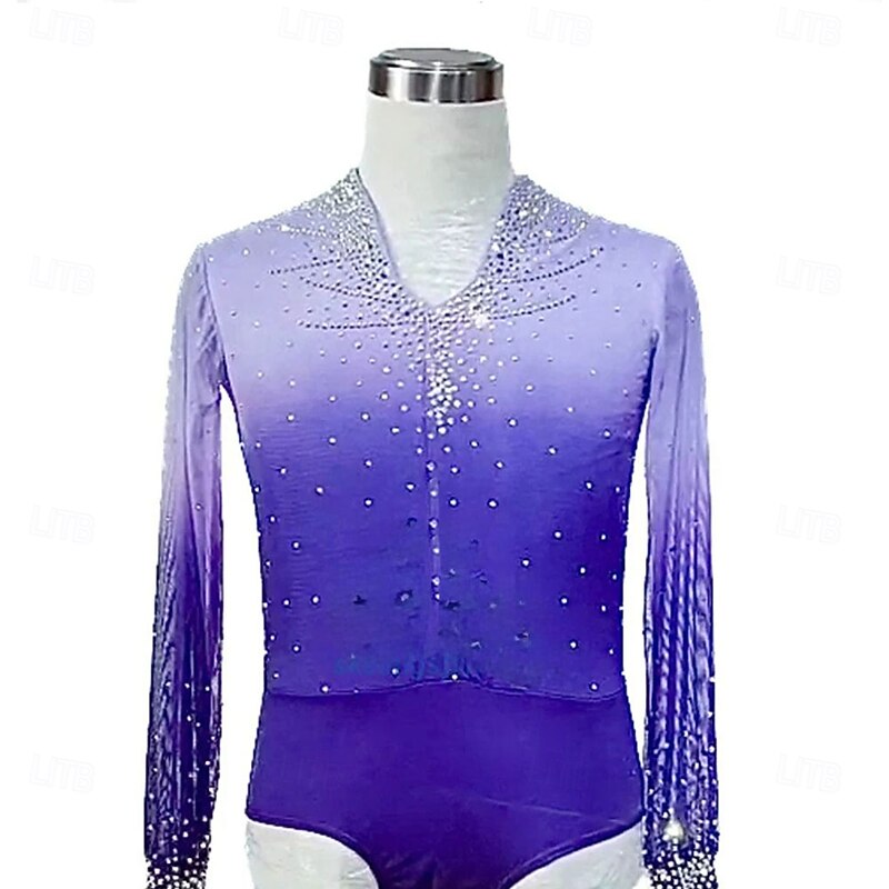 Figure Skating Top Men's Boys' Ice Skating Tops Purple Patchwork Spandex High Elasticity Training Competition Skating Wear Classic Crystal / Rhinestone Long Sleeve Ice Skating Figure Skating