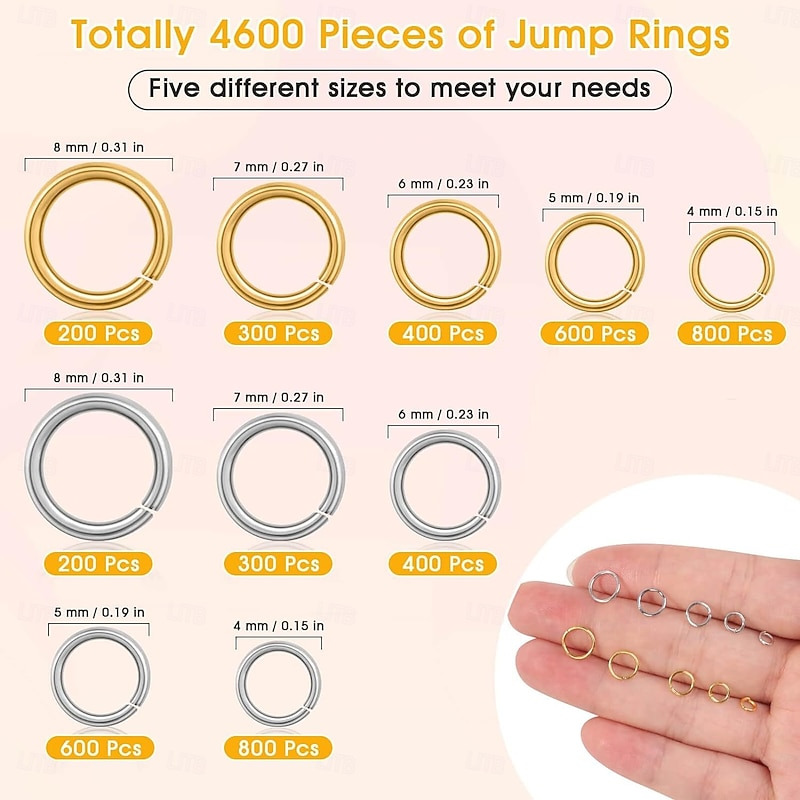 4600PCS Open Jump Rings Kit, Gold and Silver Jewelry Making Connectors with Clasps and Closures, DIY Findings for Necklace, Bracelet and Earring Repair2
