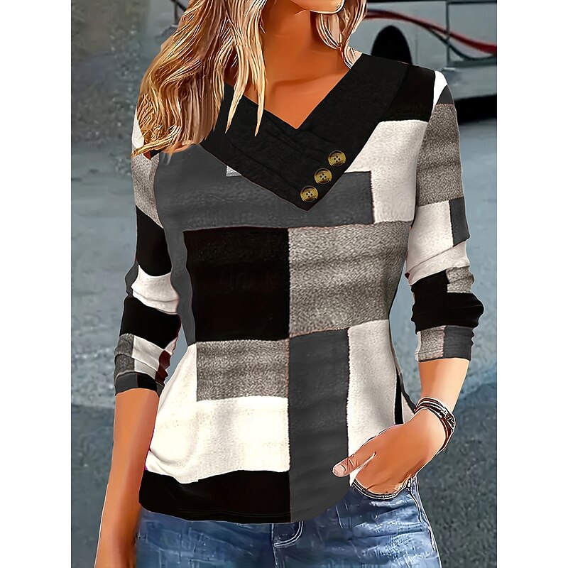 Women's T Shirt Graphic Geometric Color Block Vintage Stylish Classic Long Sleeve V Neck Regular Tops Daily Buttons Print Asymmetrical Grass Green Black and gray Wine Fall Winter2