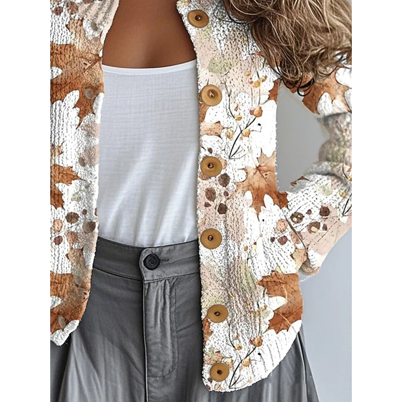 Women's Cardigan Fashion Daily Casual Floral Graphic Ribbed Crew Neck Buttons Print Long Sleeve Regular Tops Knit Outdoor Daily Date Camel Fall Winter3