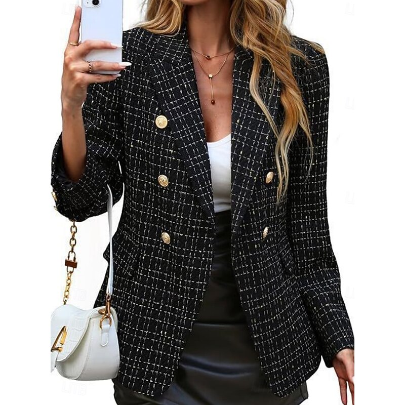 Women's Blazer Comfortable Breathable Pocket Fashion Casual Plaid Office Street Casual Daily Wear Double Breasted Regular Turndown Regular Fit Long Sleeve Outerwear Light Blue Black Pink Fall Winter2