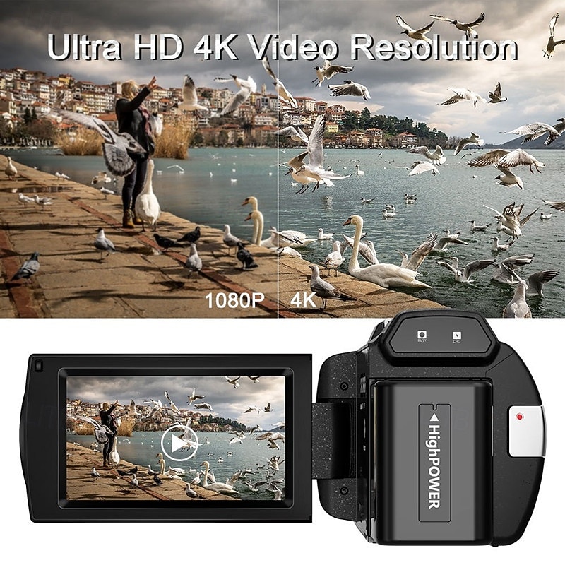 HD 4K handheld DV camcorder for recording VLOGs on the go with WiFi mobile connectivity remote control and a 180-degree rotating screen for selfies.3