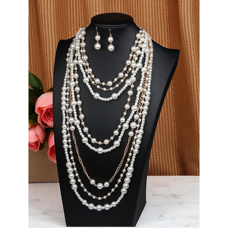 Women's Layered Pearl Necklace & Drop Earrings Set - Vintage Gatsby Jewelry for Cocktail Parties and 1920s Themed Events3