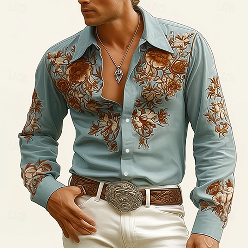 Men's Floral Print Flowers Shirt Western Shirt Cowboy Shirt Long Sleeve Vintage Retro Outdoor Vacation Spring Fall Turndown 3D Print Linen Like Shirt Blue 1# Blue2