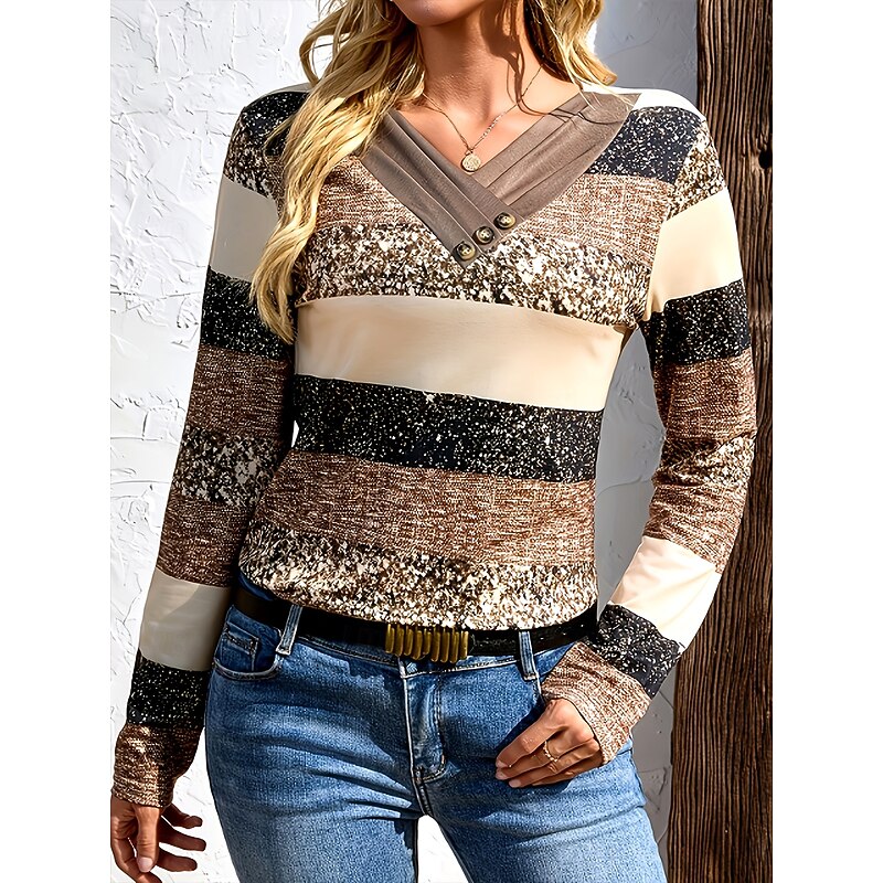 Women's T Shirt Graphic Geometric Color Block Vintage Stylish Classic Long Sleeve V Neck Regular Tops Daily Buttons Print Asymmetrical Brown Fall Winter2