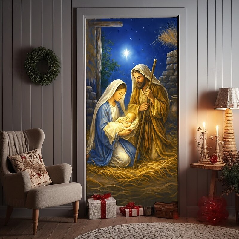 Christmas Door Cover, Nativity Scene Holy Family Religious Door Curtain Backdrop for 2025 Xmas Church, Party, Porch and Home Holiday Decorations2