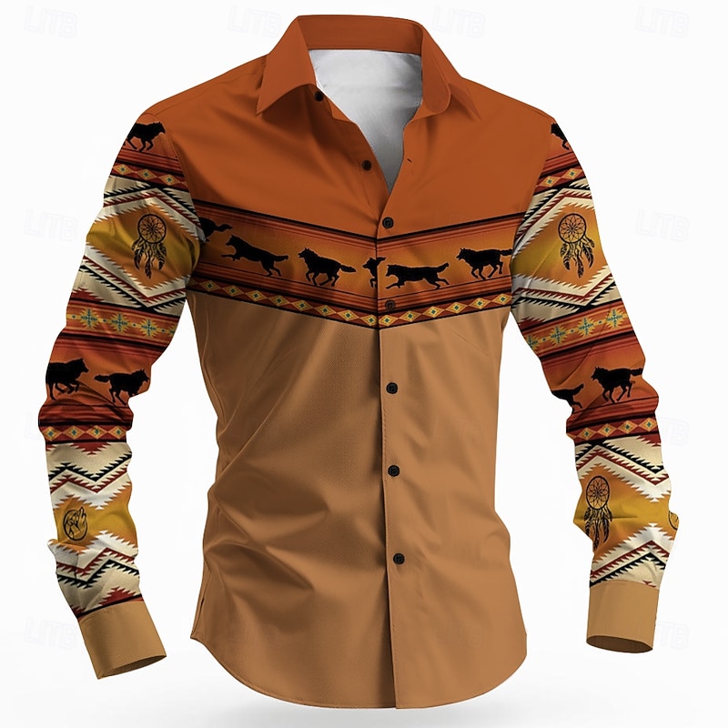 Men's Wolf Dream Catcher Ethnic Shirt Button Up Shirt Long Sleeve Vintage Retro Outdoor Camping & Hiking Hunting Spring Fall Turndown 3D Print Collared Shirts Orange Khaki Beige