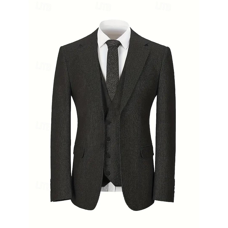 Men's Wedding Business Tweed Suits Peaked Lapel Black Formal Herringbone Slim Fit 3 Piece Single Breasted Two-buttons2