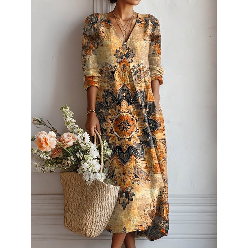 Women's Midi Dress A Line Dress Vacation Casual Daily Regular Fit Floral Graphic Long Sleeve V Neck Pink Red Brown Summer Spring Fall2