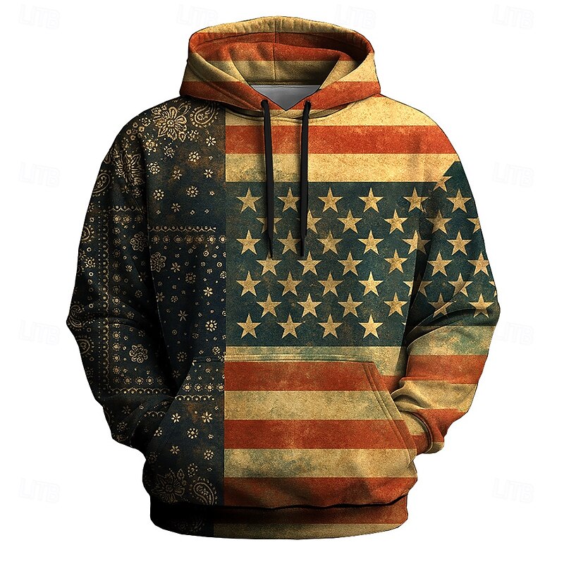 Men's Flag UK Hoodie Sweatshirt Sports Fashion Crew Neck Outdoor Office Streetwear Brown Drawstring 3D Fall Winter Designer2