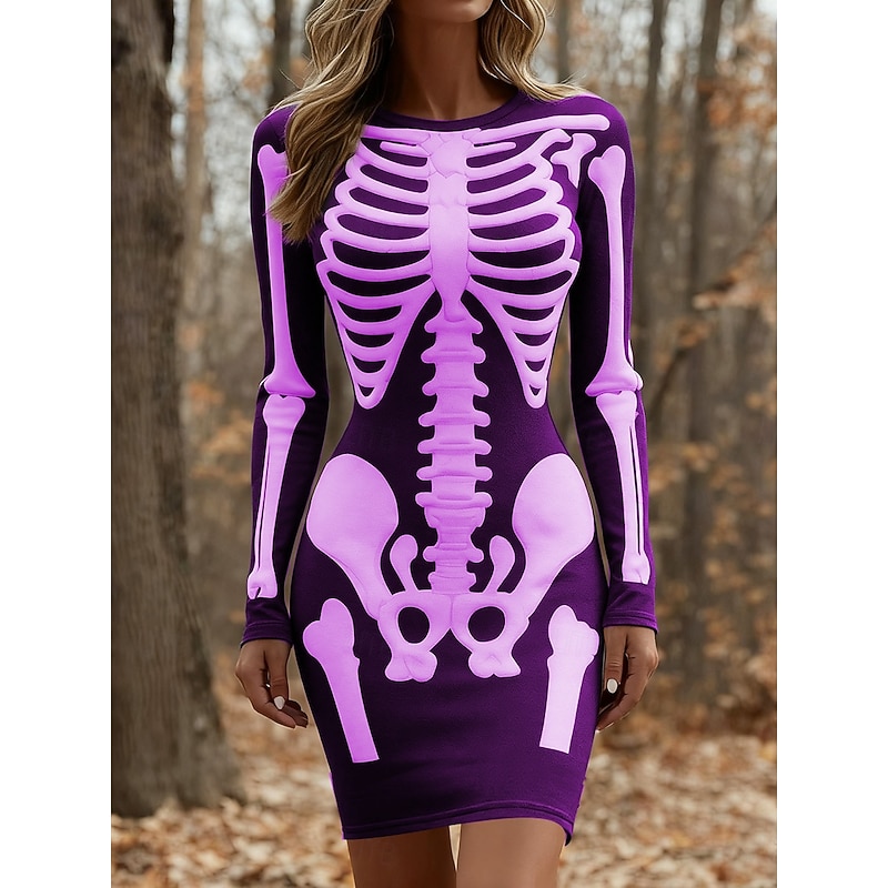 Halloween Women's Mini Dress T Shirt Dress Tee Dress Bodycon Dress Vacation Casual Party Daily Slim Graphic Skull Long Sleeve Crew Neck White Red Purple Green Spring Fall Winter2