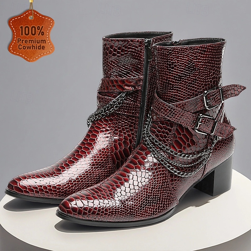 Men's Genuine Cowhide Leather Croc Embossed Ankle Boots with Chain Buckle – Vintage Western Style Dress Boots for Parties and Stage Performance