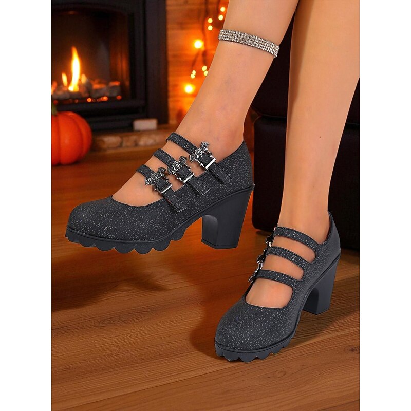 Women's Halloween Chunky Heel Mary Jane Pumps – Gothic Black Party Shoes with Bat Buckle Straps for Costume, Night Out and Cosplay