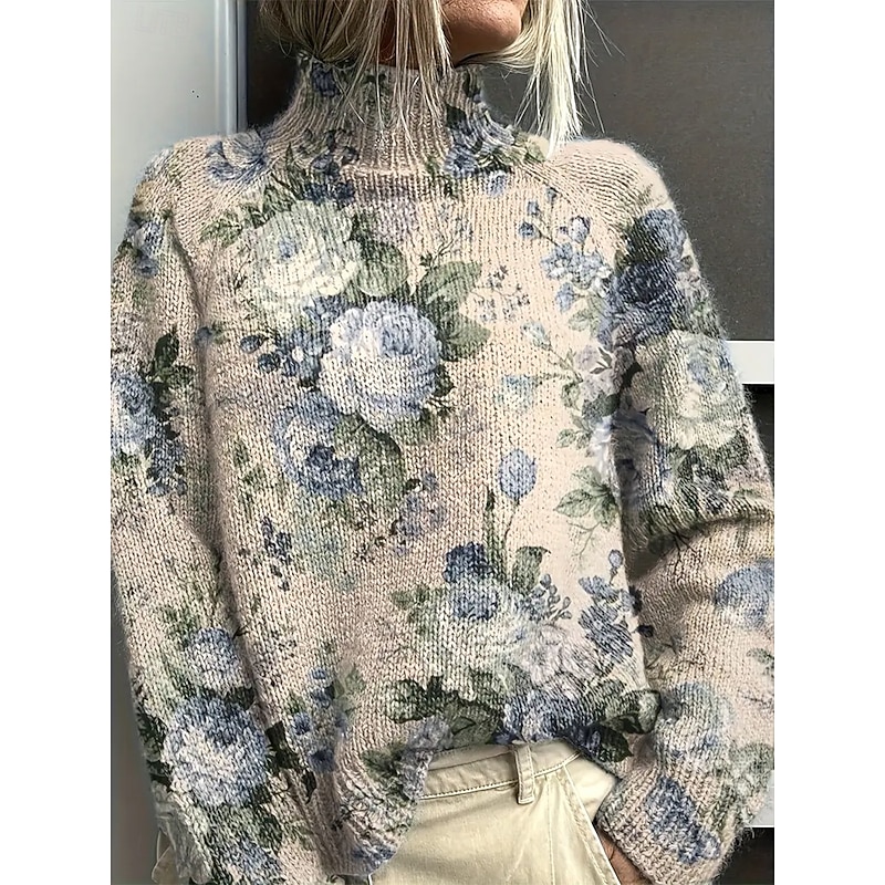 Women's Sweater Casual Soft Floral Graphic Ribbed Turtleneck Floral Knitted Print Long Sleeve Regular Tops Knit Outdoor Daily Weekend Light Blue Fall Winter