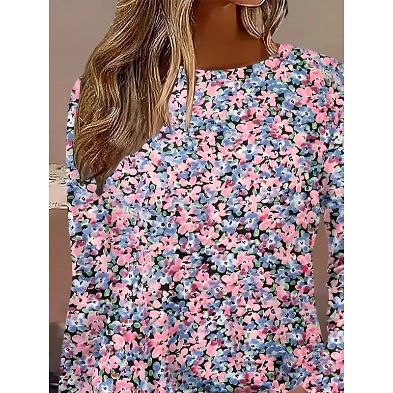 Women's T Shirt Ombre Floral Graphic Vintage Stylish Classic Long Sleeve Crew Neck Round Neck Regular Tops Daily Print Pink Blue Spring Fall Winter2