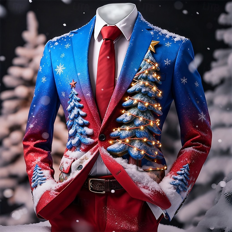 Men's Blazer Coat Christmas Casual Casual Daily Fall / Winter 100% Polyester Christmas Tree 3D Print Buttons Thermal Warm Comfortable Single Breasted Blazer Red Ocean Blue Blue Green