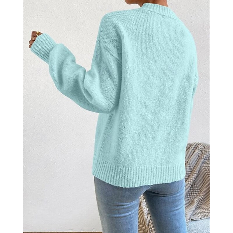 Women's Sweater Pullover Fashion Casual Pure Color Ribbed Mock Neck Knitted Long Sleeve Regular Tops Knit Outdoor Daily Weekend Blue Fall Winter2