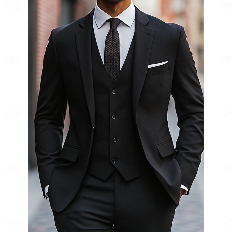 Men's Wedding Party Business Suits Notch Lapel Black Burgundy Daily Formal Solid Colored Tailored Fit 3 Piece Single Breasted One-button