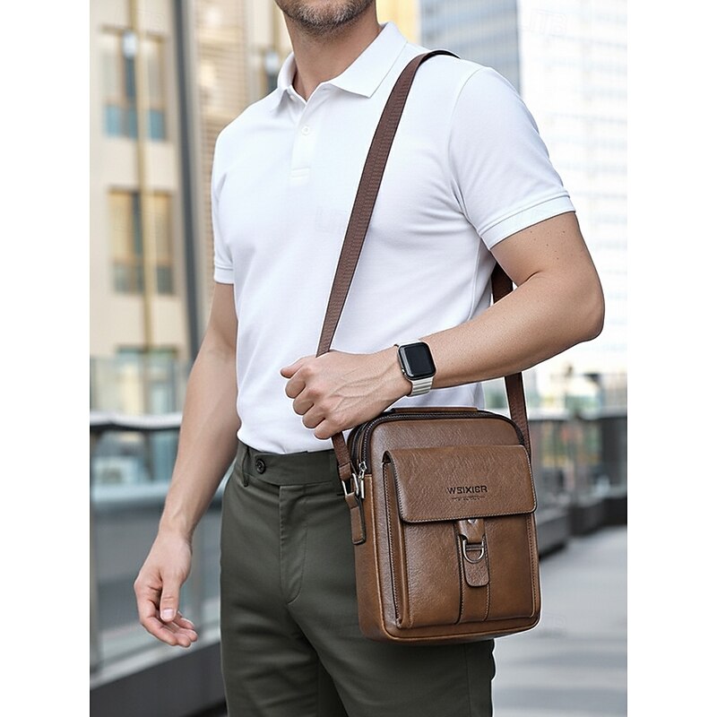 Men's Brown Black Faux Leather Crossbody Shoulder Bag – Vintage Messenger Satchel with Top Handle, Casual Business Travel Handbag2