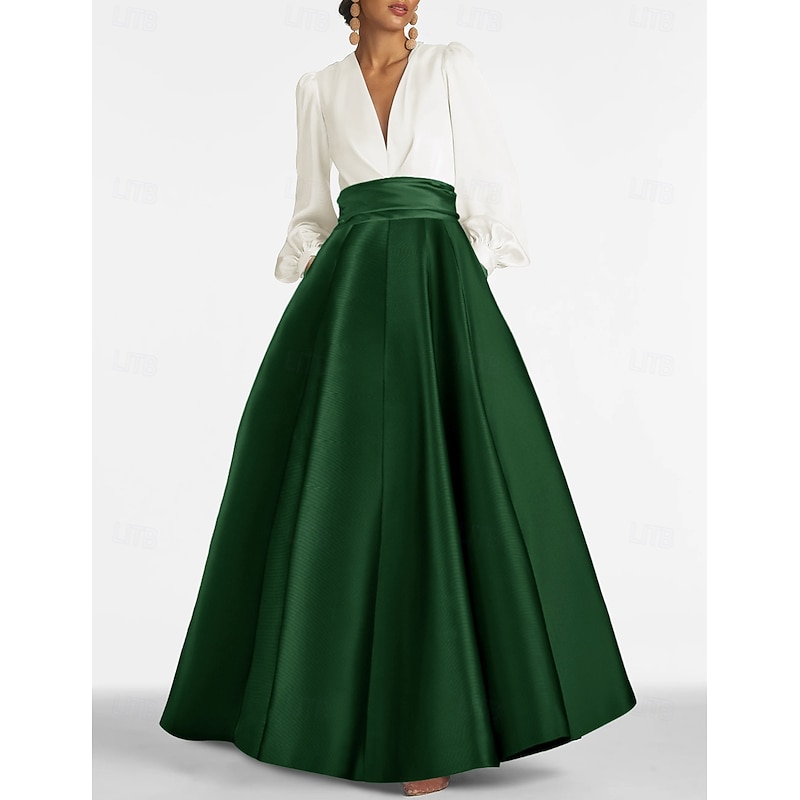 A-Line Evening Gown Elegant Dress Formal Wedding Guest Floor Length Long Sleeve V Neck Satin with Ruched