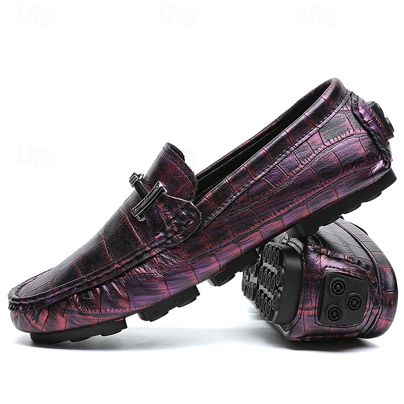 Men's Purple Crocodile Pattern Loafers – Luxury Slip-On Driving Shoes with Metal Buckle Detail for Casual, Business and Party Wear3