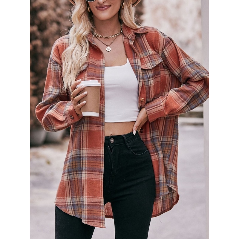 Women's Shirt Plaid Vintage Tropical Stylish Long Sleeve Shirt Collar Crop Tops Daily Pocket Buttons Print Yellow Red Light Brown Blue Brown Spring Fall3