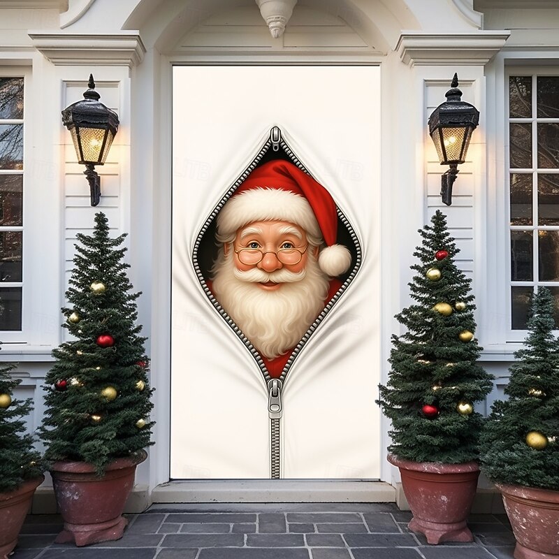 Christmas Door Cover, Funny Peeking Santa Face Door Curtain, Festive 2025 Xmas Entrance Banner for Holiday Party, Indoor Outdoor Porch Decoration4