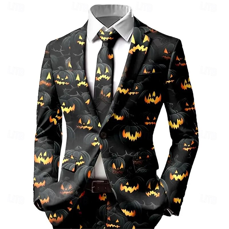Men's Pumpkin Bat Blazer Jacket Coat Comfortable Breathable Artistic Casual Party Daily Festival 3D Print Buttons Multi Pocket Fall & Winter Notch Long Sleeve Black Orange3