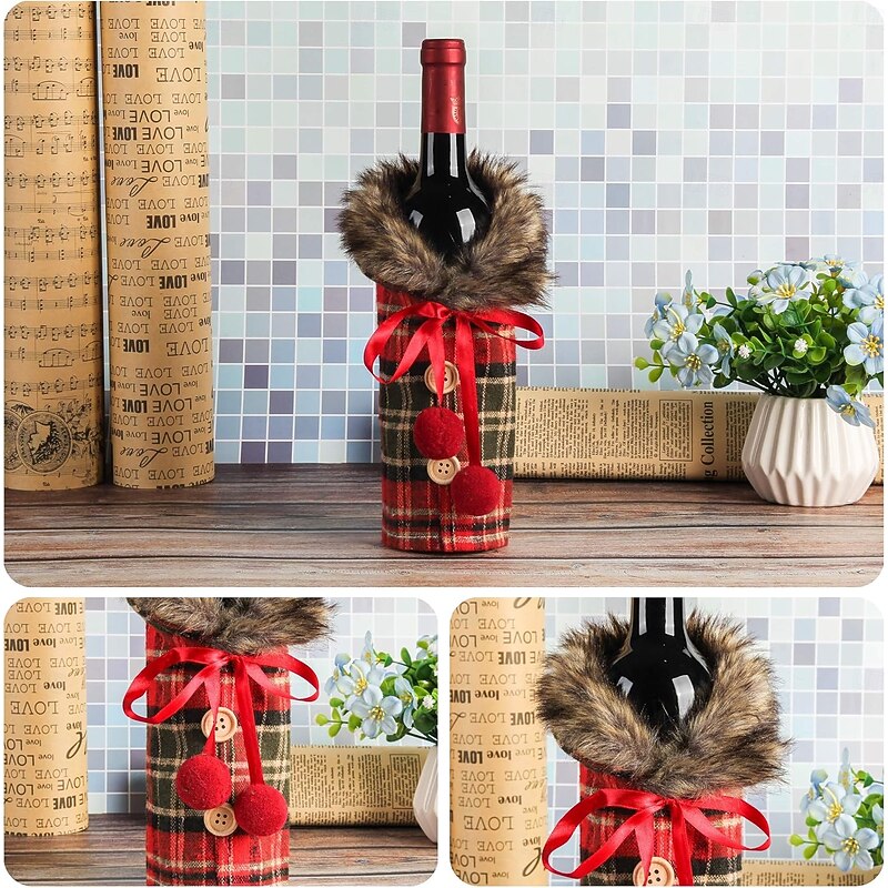 4 Pack Christmas Wine Bottle Covers, Striped and Plaid Skirt Wine Bags, Holiday Red Wine and Champagne Bottle Decorations, Xmas Table Accessories, Party Supplies, Best-Selling Festive Home Decor4