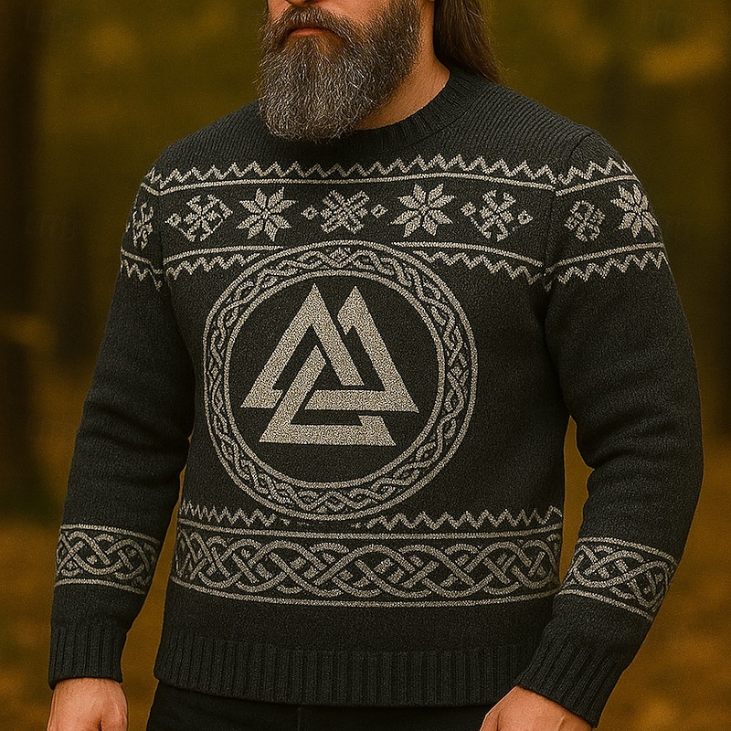 Christmas Men's Geometric Viking Pullover Sweater Jumper Knitwear Crewneck Retro Vintage Casual Vacation Daily 3D Print Keep Warm Long Sleeve Spring Fall Winter Black